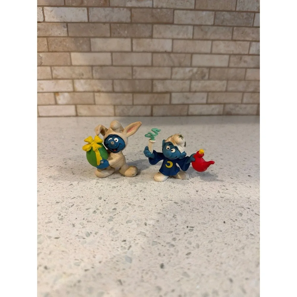 Vintage Smurfs Easter Bunny Smurf & Wizard Smurf PVC‎ Figure Lot Peyo Schleich